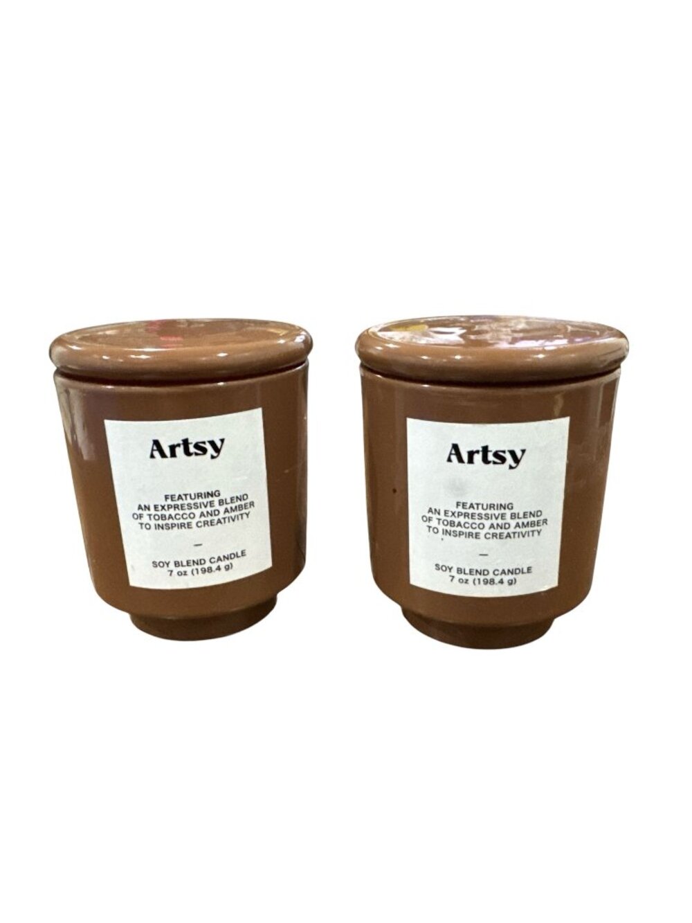 Set Of 2 Artsy Soy Blend Candles Tobacco & Amber Scent 7 Oz Brown Glass Jars